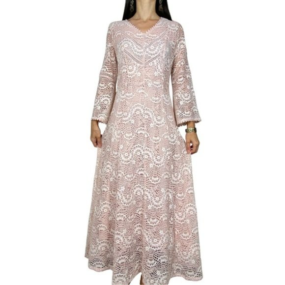 LAKSHITA Light Pink Lace Bell Sleeve Modest Maxi Dress 10 Party Formal - Picture 1 of 13